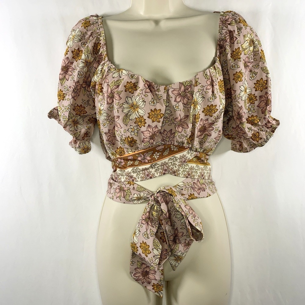 Womens Crop Wrap Tie Front Top Sz M Boho Festival Puff Sleeve Floral Lightweight